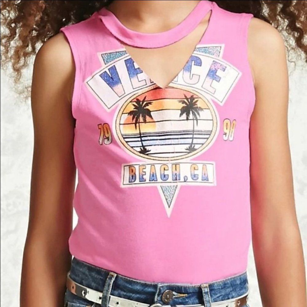 Forever 21 Girls "Venice Beach, CA 1990" pink cut-out bodysuit